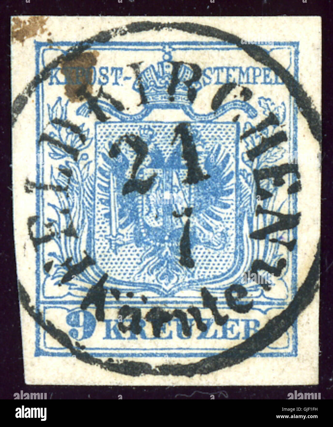 Le timbre Feldkirchen Kärnten 9kr de 1850 est une émission postale autrichienne, mettant en valeur le design distinctif de la région. Il a été utilisé au milieu du XIXe siècle dans le cadre du système postal autrichien. Banque D'Images