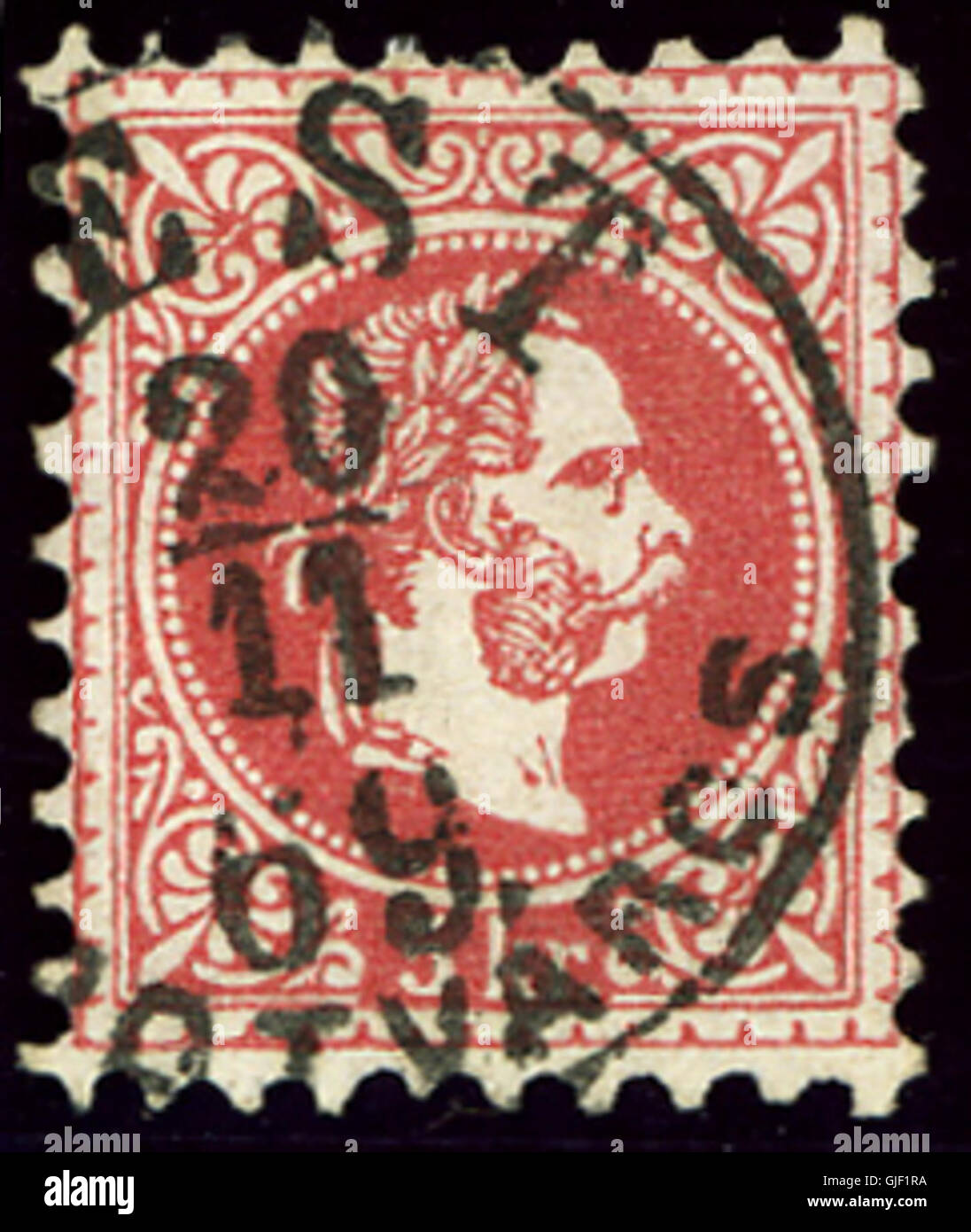 Le timbre Pest 1869 5 kreuzer a été émis par le Royaume de Hongrie sous l'Empire austro-hongrois. Il dispose d'un design simple mais classique, couramment utilisé dans les services de messagerie pendant cette période. Banque D'Images