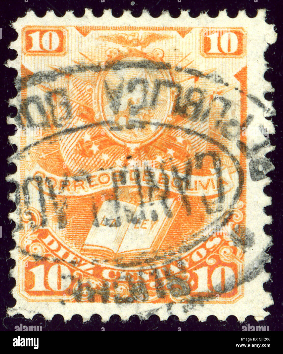 Le timbre Bolivie 10c sucre Cancelado Mi19 de 1878 présente un motif oblitéré de la période, reflétant les débuts du service postal bolivien. Il présente l'histoire postale et fiscale de la Bolivie à l'époque. Banque D'Images