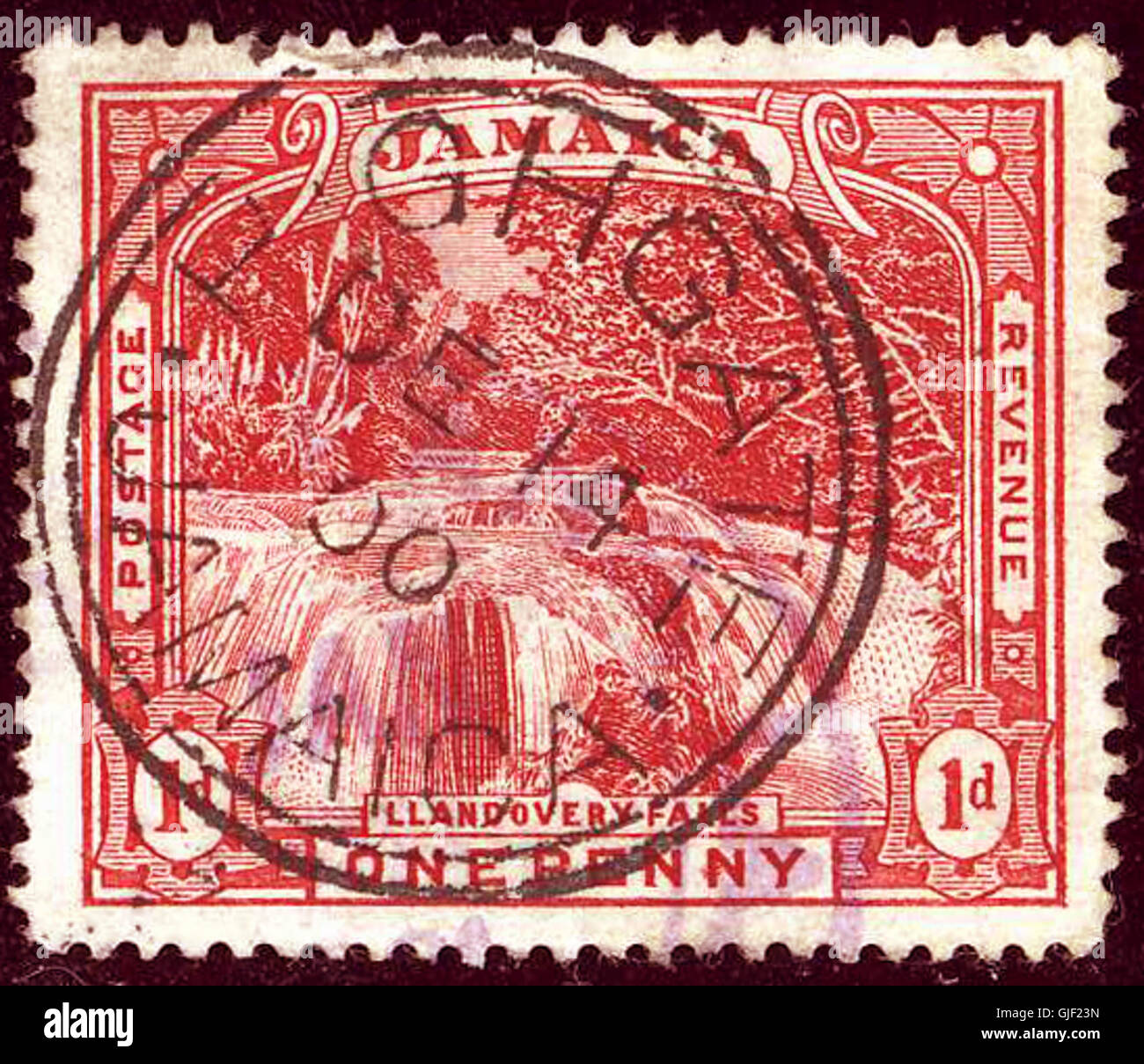 Le timbre 1900 Jamaïque 1d Highgate est une émission vintage de la colonie britannique de Jamaïque. Il présente un design lié à la zone locale de Highgate et faisait partie du service postal standard du pays. Banque D'Images