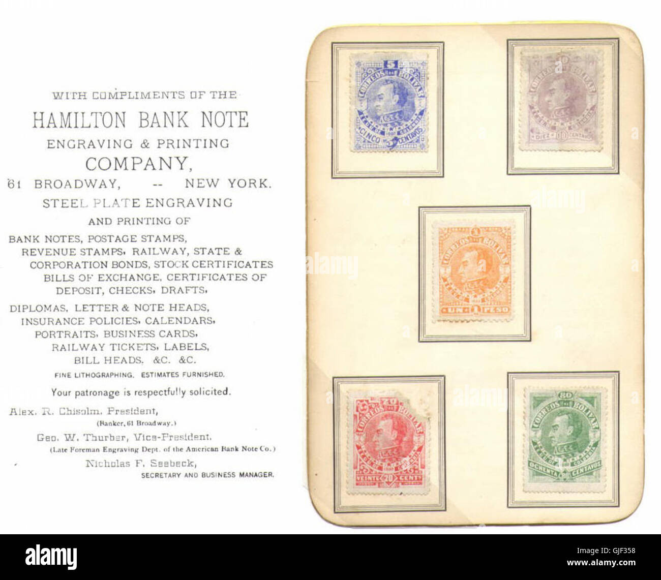 Hamilton Bank Note Company carte d'échantillon pour Bolivar 1882-1883 Banque D'Images