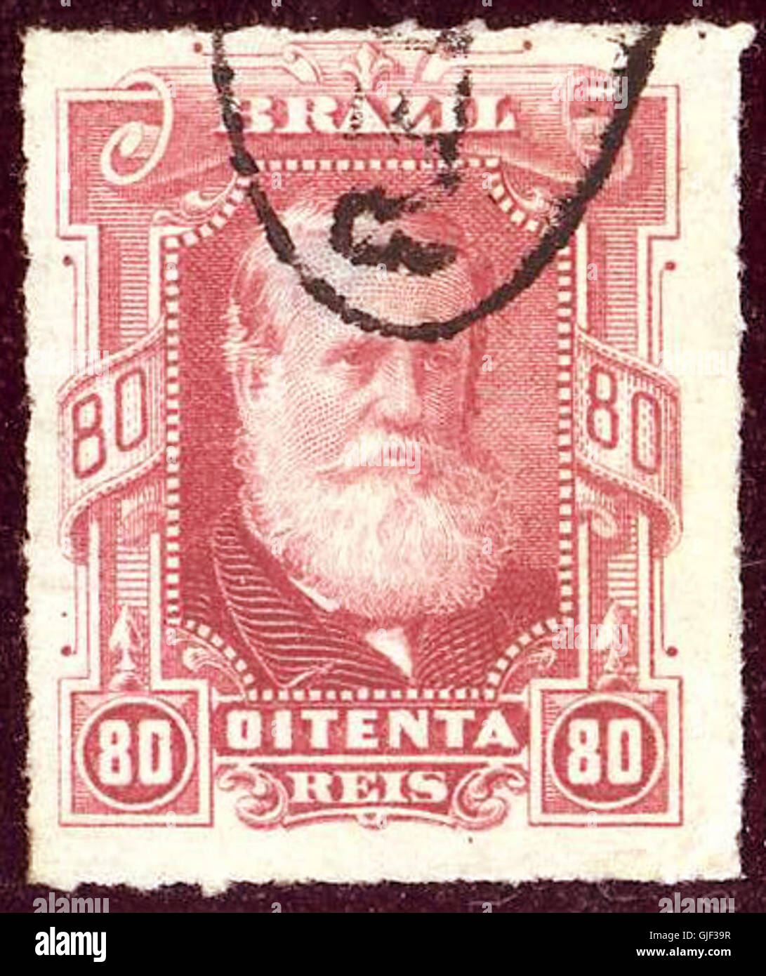 Le timbre Brésil Pedro II Yv40 Mi41 à 1879 80R représente l'image de l'empereur Pedro II. ce timbre a été émis dans le cadre du système postal impérial brésilien et est reconnu pour son importance historique. Banque D'Images