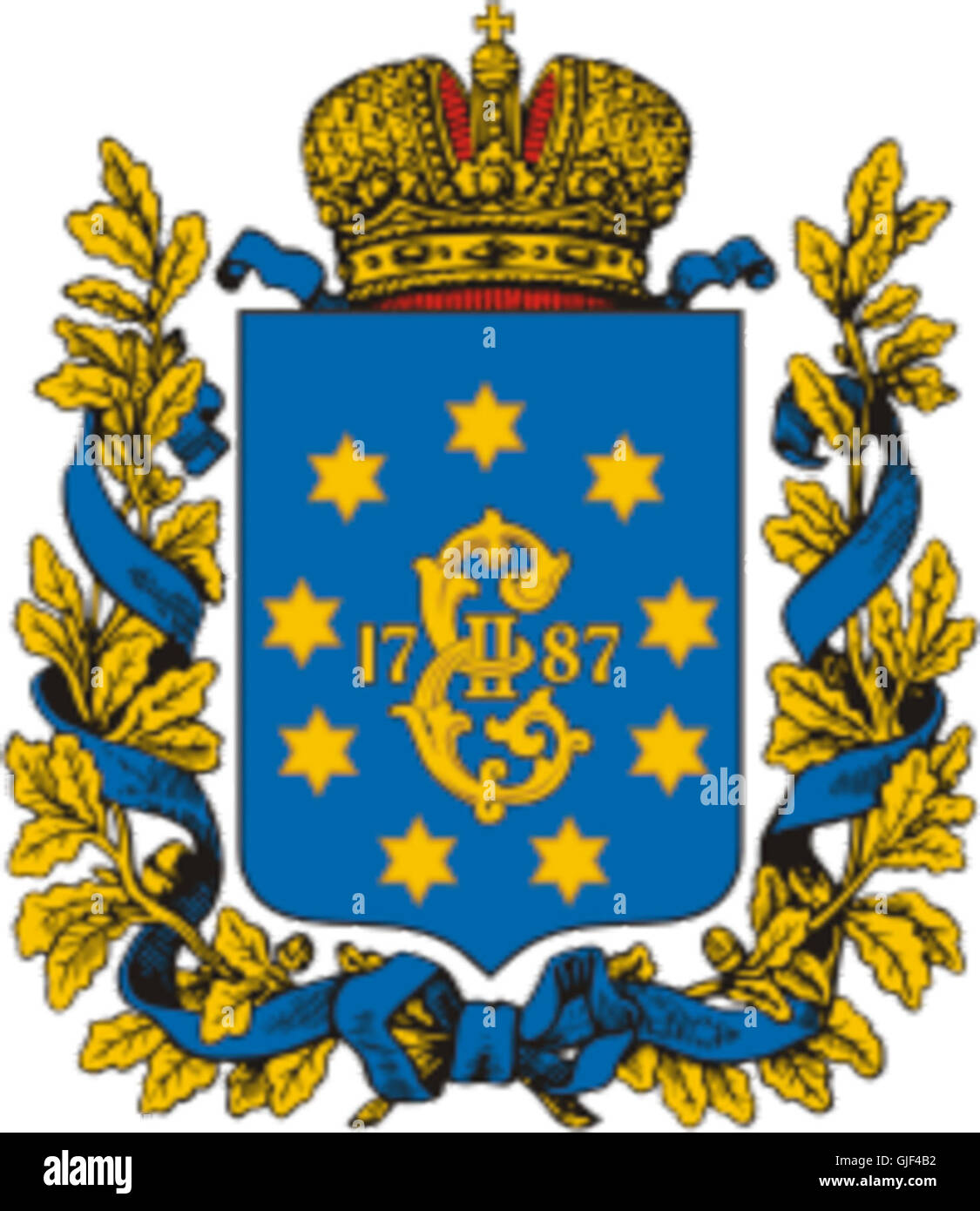 Le timbre aux armoiries du gouvernorat d'Ekaterinoslav fait partie d'une série émise pour commémorer les régions historiques de l'Empire russe. Ce timbre représente le symbole héraldique d'Ekaterinoslav (aujourd'hui Dnipro) en Ukraine. Banque D'Images