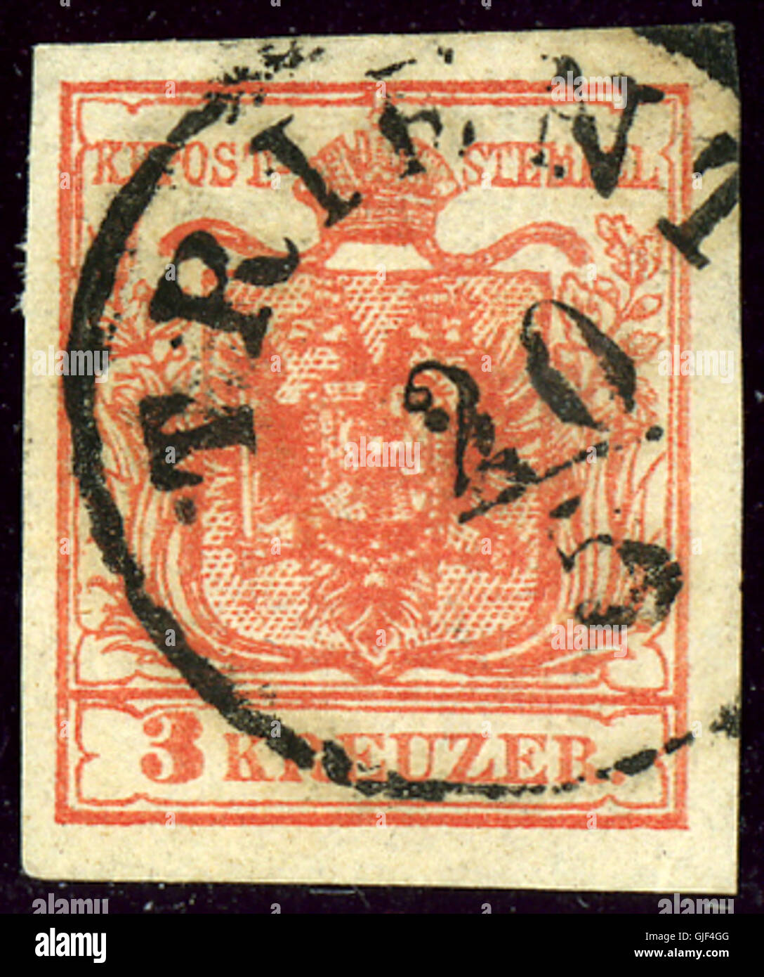 Le timbre Trient 3kr HP IIIa de 1850 a été émis dans le système postal précoce de l'Italie. Il présente un design classique et faisait partie d’une série marquant le réseau postal croissant du pays au XIXe siècle. Banque D'Images