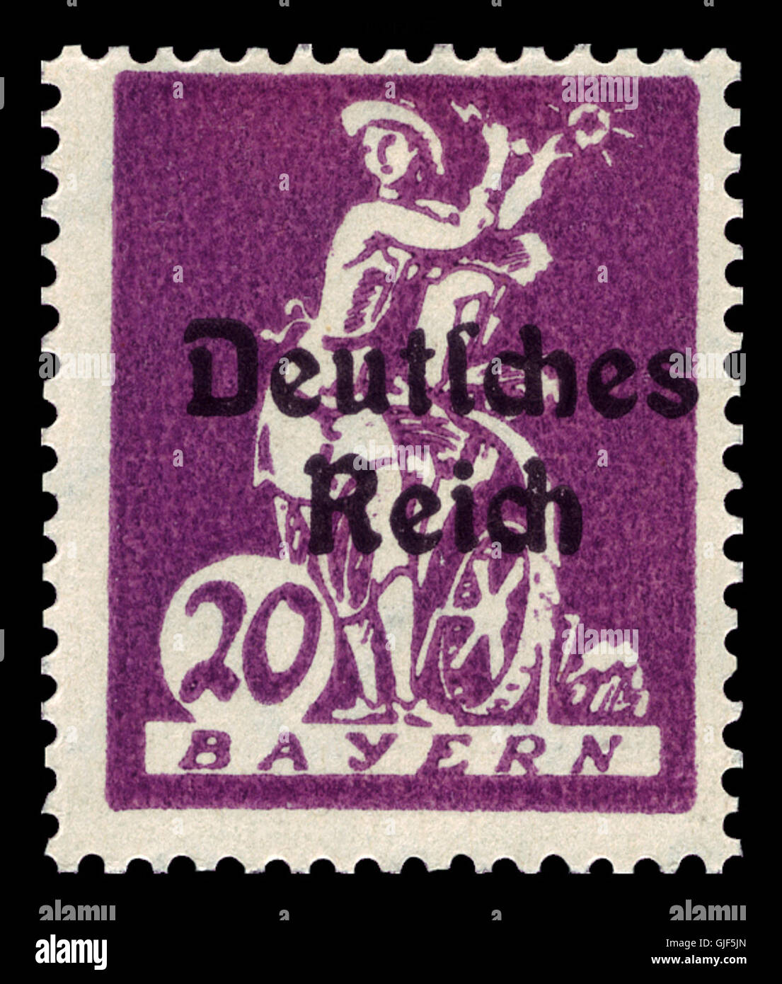 Le timbre DR 1920 122 Bayern Abschiedsserie a été émis en Allemagne dans le cadre de la série Abschiedsserie (série d'adieux) après la première Guerre mondiale. Il représente un événement historique en Bavière et reste un objet important pour les collectionneurs de timbres de l'ère de la République de Weimar. Le timbre est annulé et est une pièce précieuse pour les philatélistes historiques. Banque D'Images