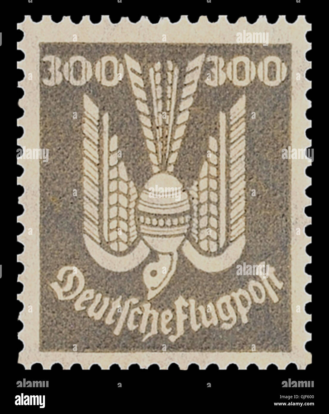 Le timbre 1924 DR 350 Flugpost Holztaube présente un dessin lié aux premiers services postaux aériens en Allemagne. Il honore les pionniers du vol et du développement de l’aviation pour les services postaux. Banque D'Images