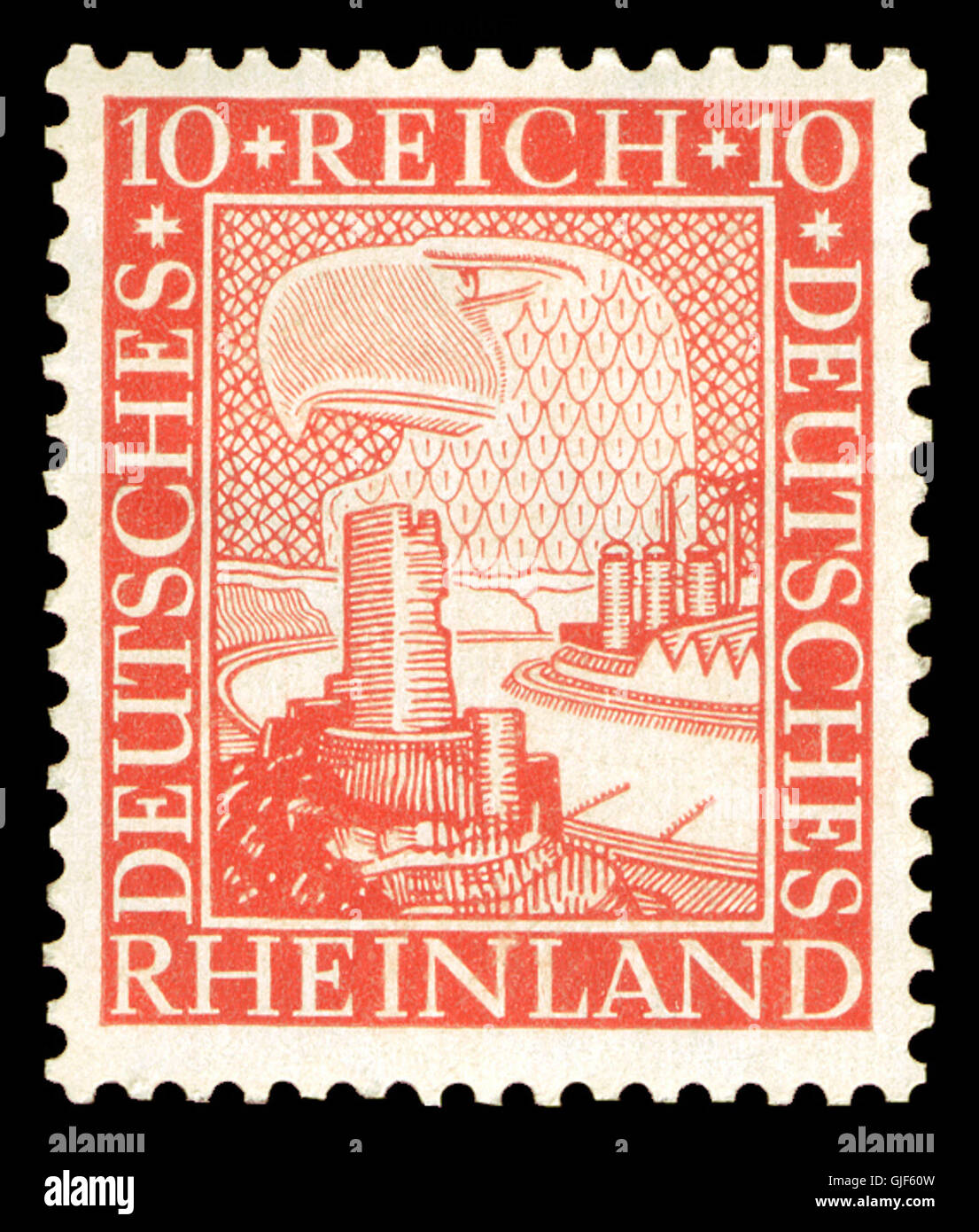 Le timbre DR 1925 373 Rheinland a été émis pour commémorer la région de Rhénanie en Allemagne. Le timbre présente un motif représentatif de l'importance historique et culturelle de la région. Banque D'Images