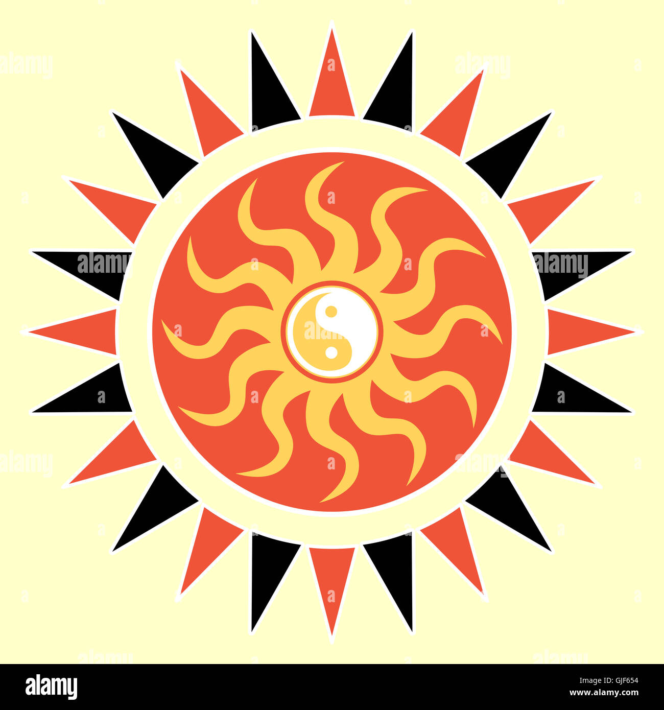 Yin Yang du soleil. Conception graphique et d'inspiration géométrique basée sur le taoïsme philosophique chinoise la tradition. Banque D'Images