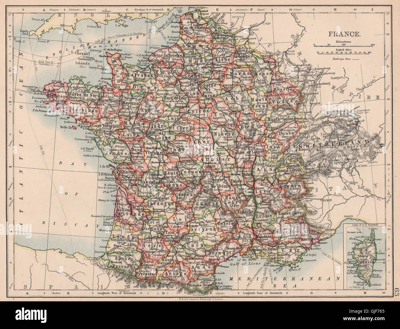 La France. Alsace & Lorraine allemande. Des câbles télégraphiques sous-marins. JOHNSTON, 1906 map Banque D'Images