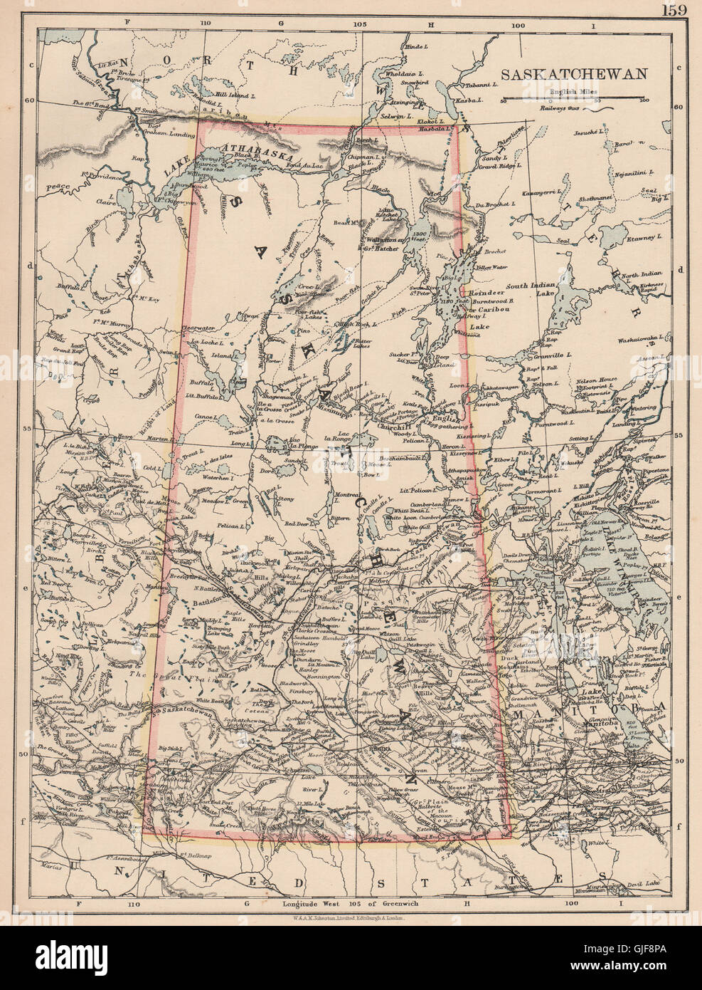 La Saskatchewan. Province du Canada carte Chemins de l'Amérique du Nord britannique. JOHNSTON 1906 Banque D'Images