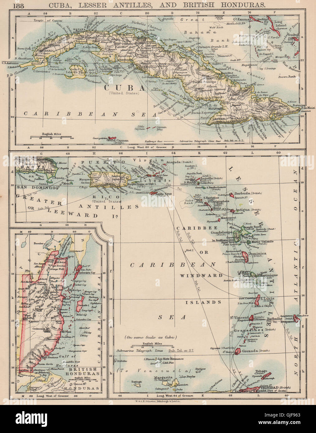 Îles des Caraïbes. Cuba Honduras britannique Caribbee/Windward. JOHNSTON, 1906 map Banque D'Images