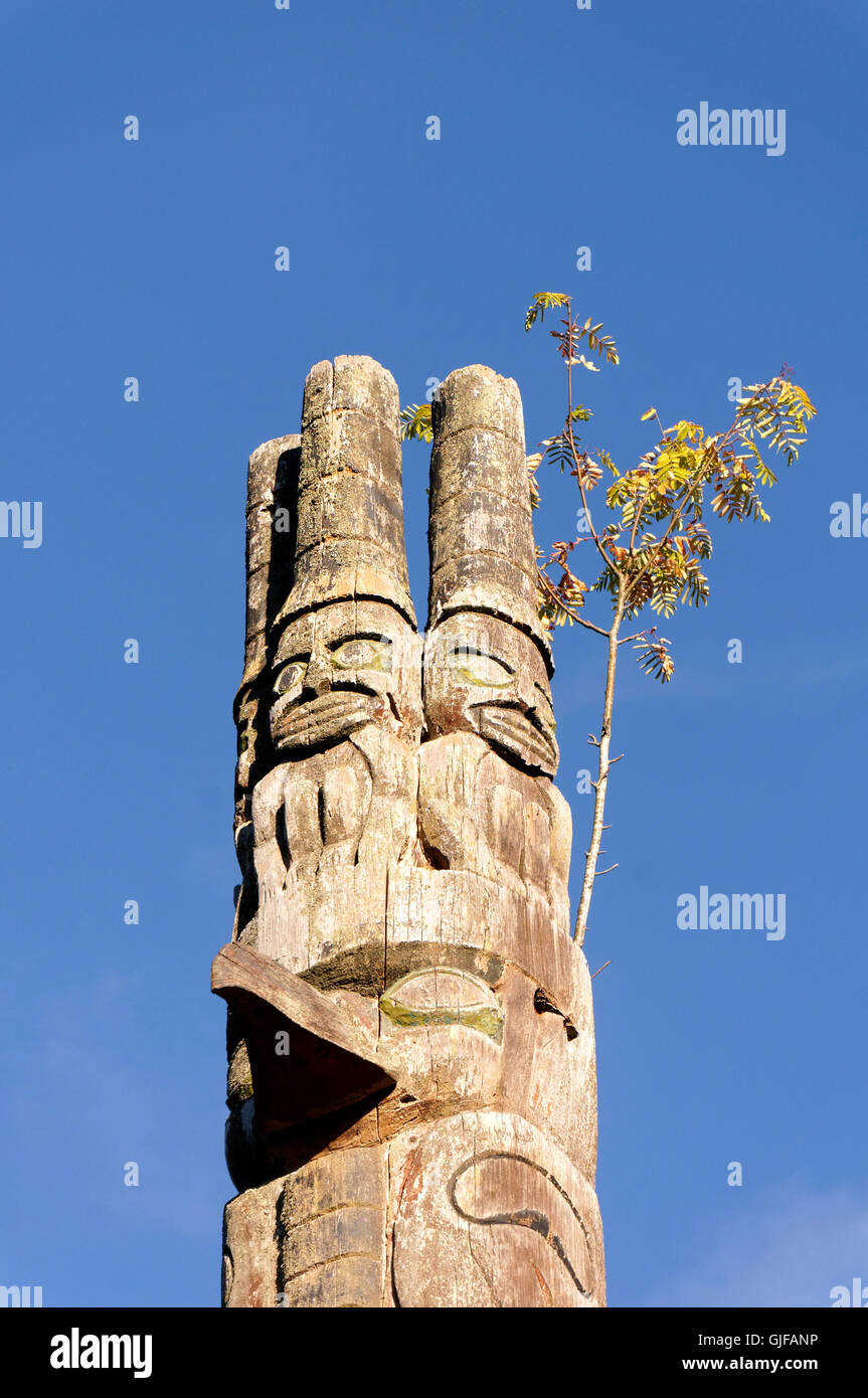 Gardien haïda sculpté en haut d'un mât totémique des Premières Nations dans la région de Cates Park, Deep Cove, British Columbia, Canada Banque D'Images