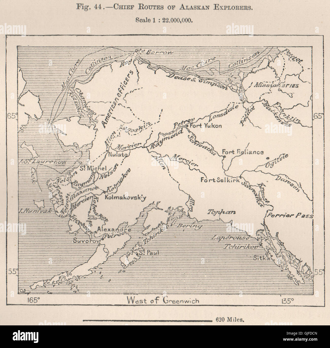 Les itinéraires de chef des explorateurs de l'Alaska, 1885 carte antique Banque D'Images