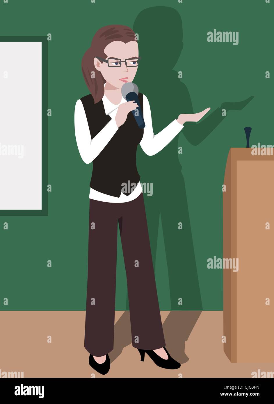 Femme donnant un cours - cartoon illustration de jeune fille sérieuse parlant au micro Illustration de Vecteur