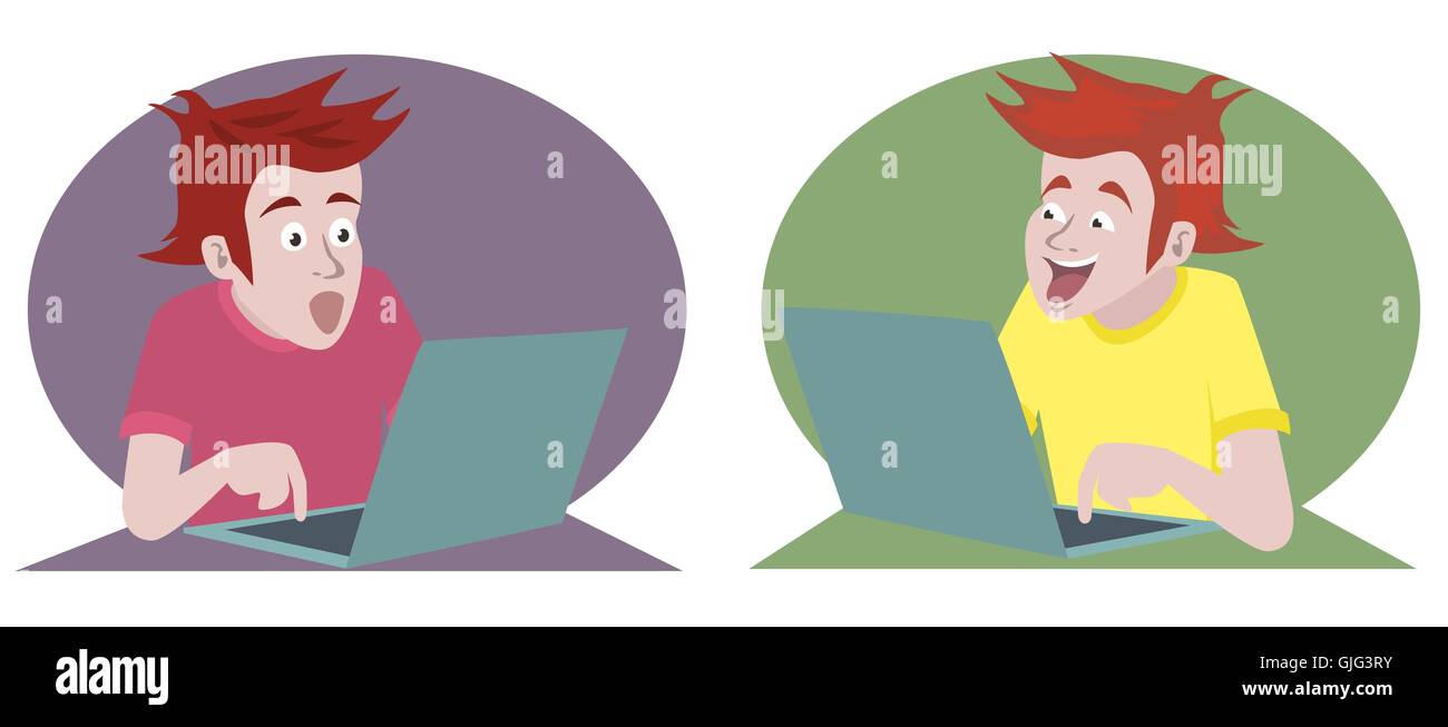 Ordinateur et émotions, funny cartoon illustration de deux personnes à la recherche d'ordinateur portable en émotionnelle Illustration de Vecteur