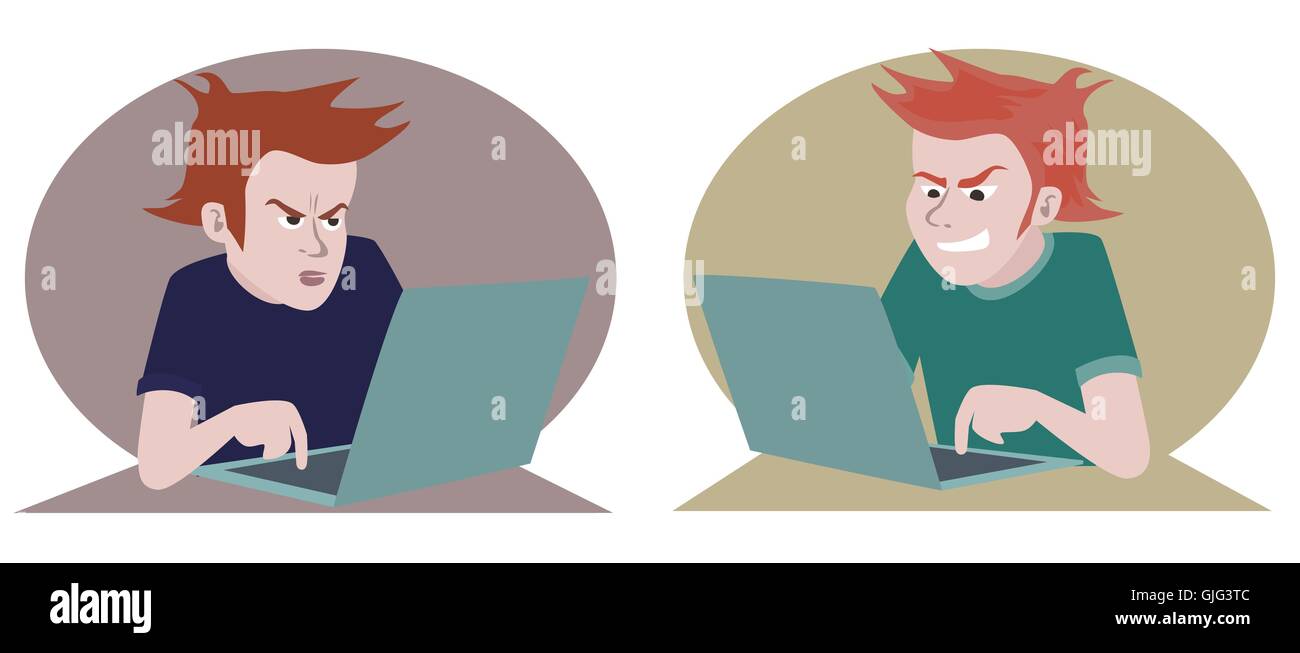 Ordinateur et les émotions négatives, funny cartoon illustration de deux personnes à la recherche d'ordinateur portable en émotionnelle Illustration de Vecteur