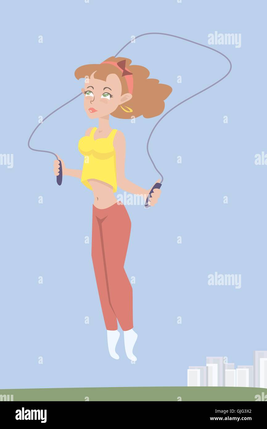 Cartoon girl jumping rope - funny vector illustration Illustration de Vecteur