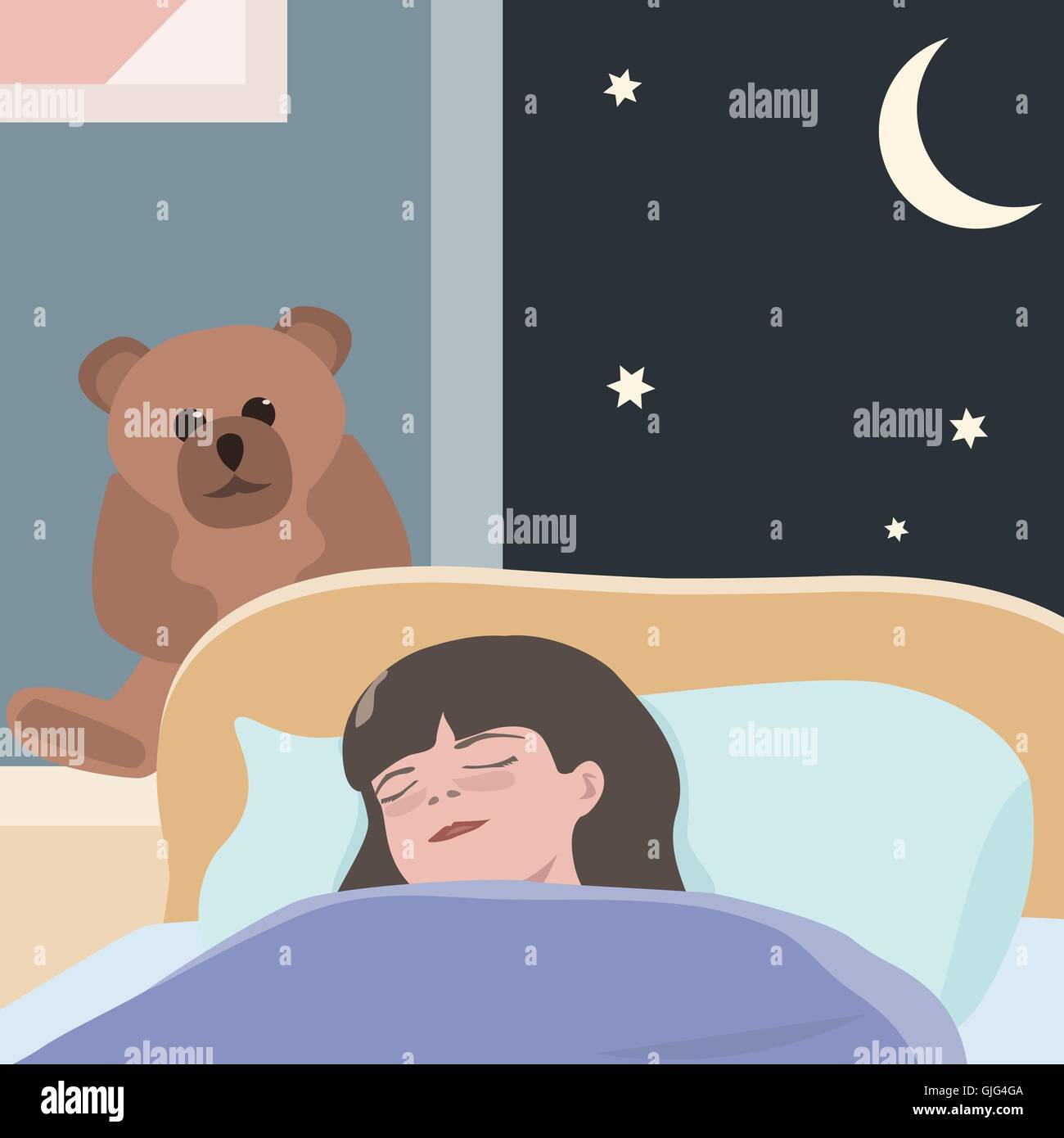 Petite fille dormir la nuit - cute cartoon illustration Illustration de Vecteur