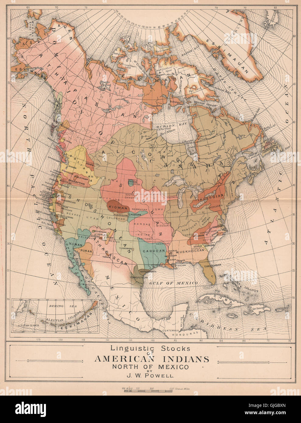 Les stocks de linguistique des Amérindiens. Amérique du Nord, 1885 carte antique Banque D'Images