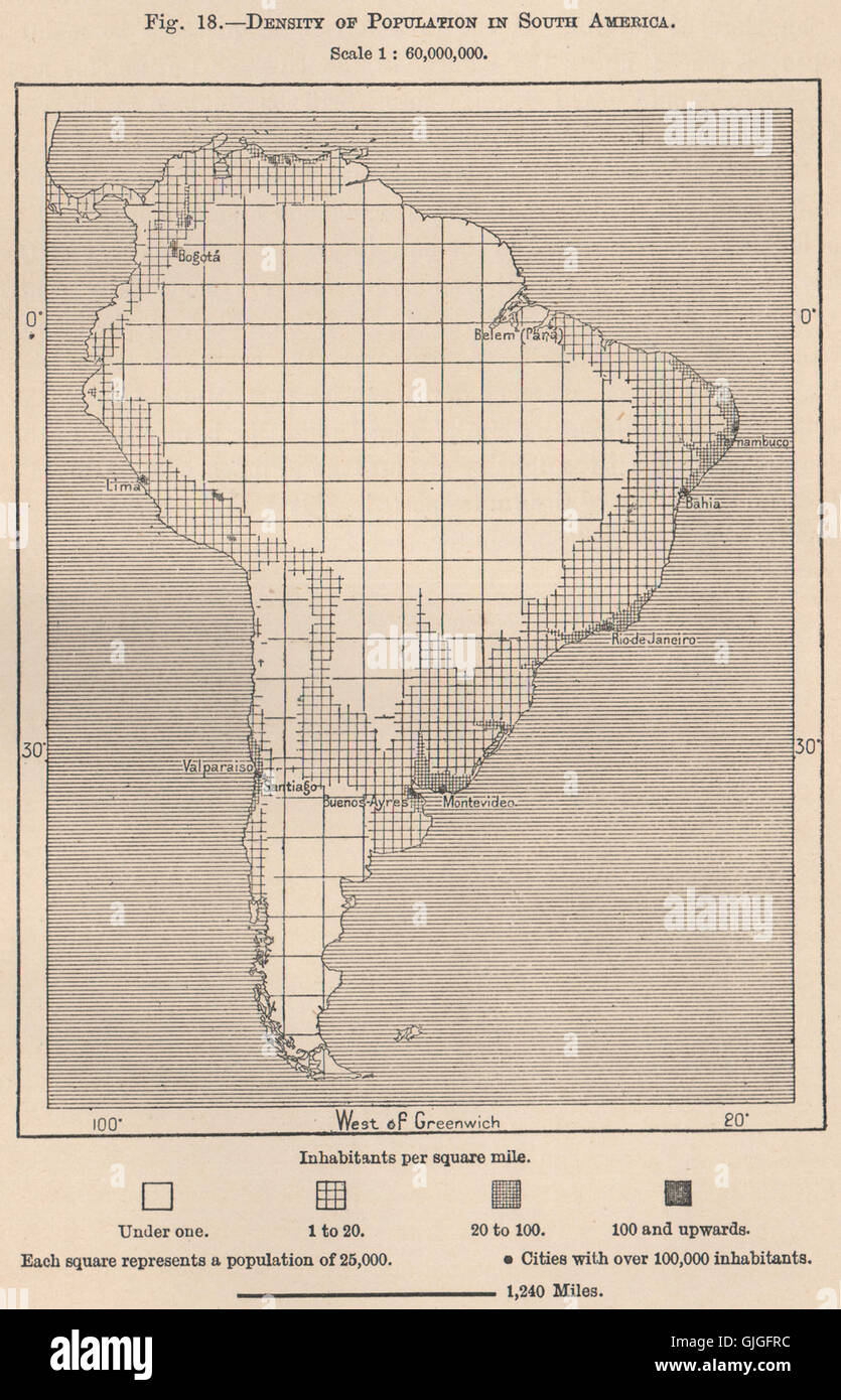 Densité de population en Amérique du Sud, 1885 carte antique Banque D'Images