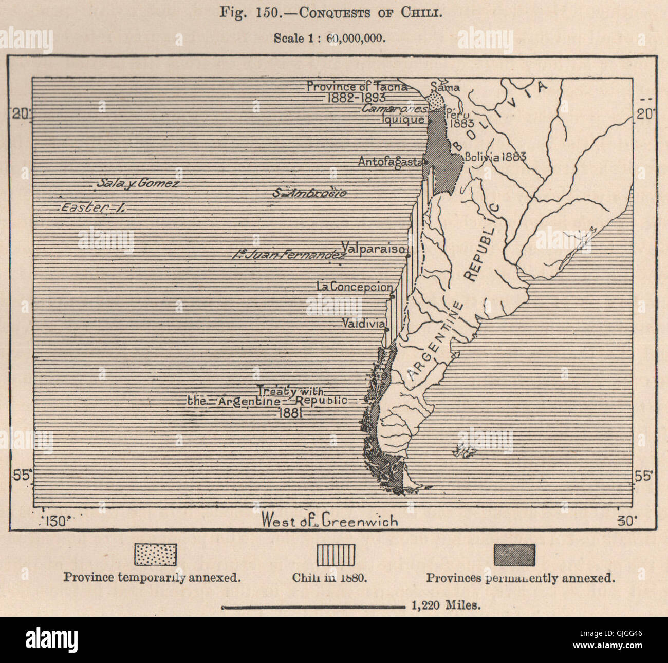 Conquêtes du Chili.1881 1882 1883.Guerre du Pacifique.L'Argentine traité, 1885 map Banque D'Images