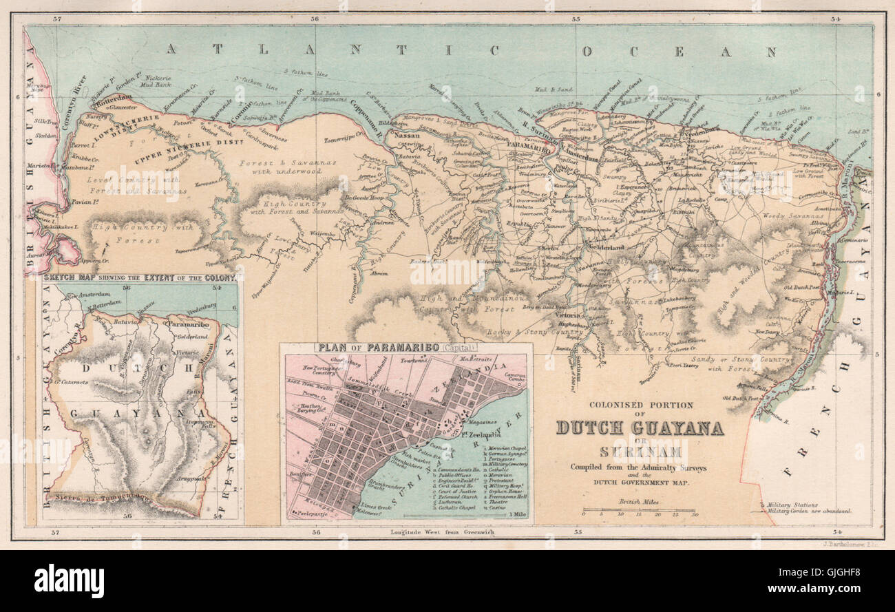Côte de la Guyane hollandaise ou le SURINAME. Paramaribo plan. BARTHOLOMEW, 1886 Ancien site Banque D'Images