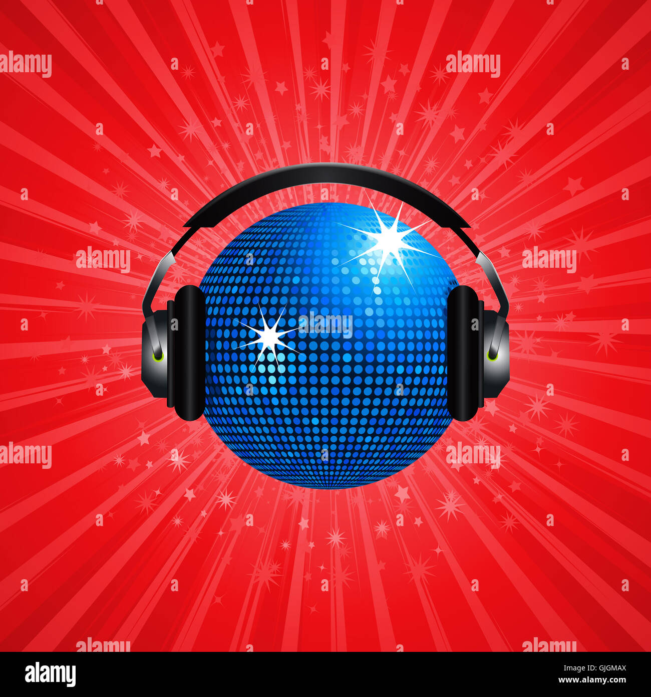Boule disco bleu avec des écouteurs sur fond rouge avec éclatement d'Étoile Banque D'Images