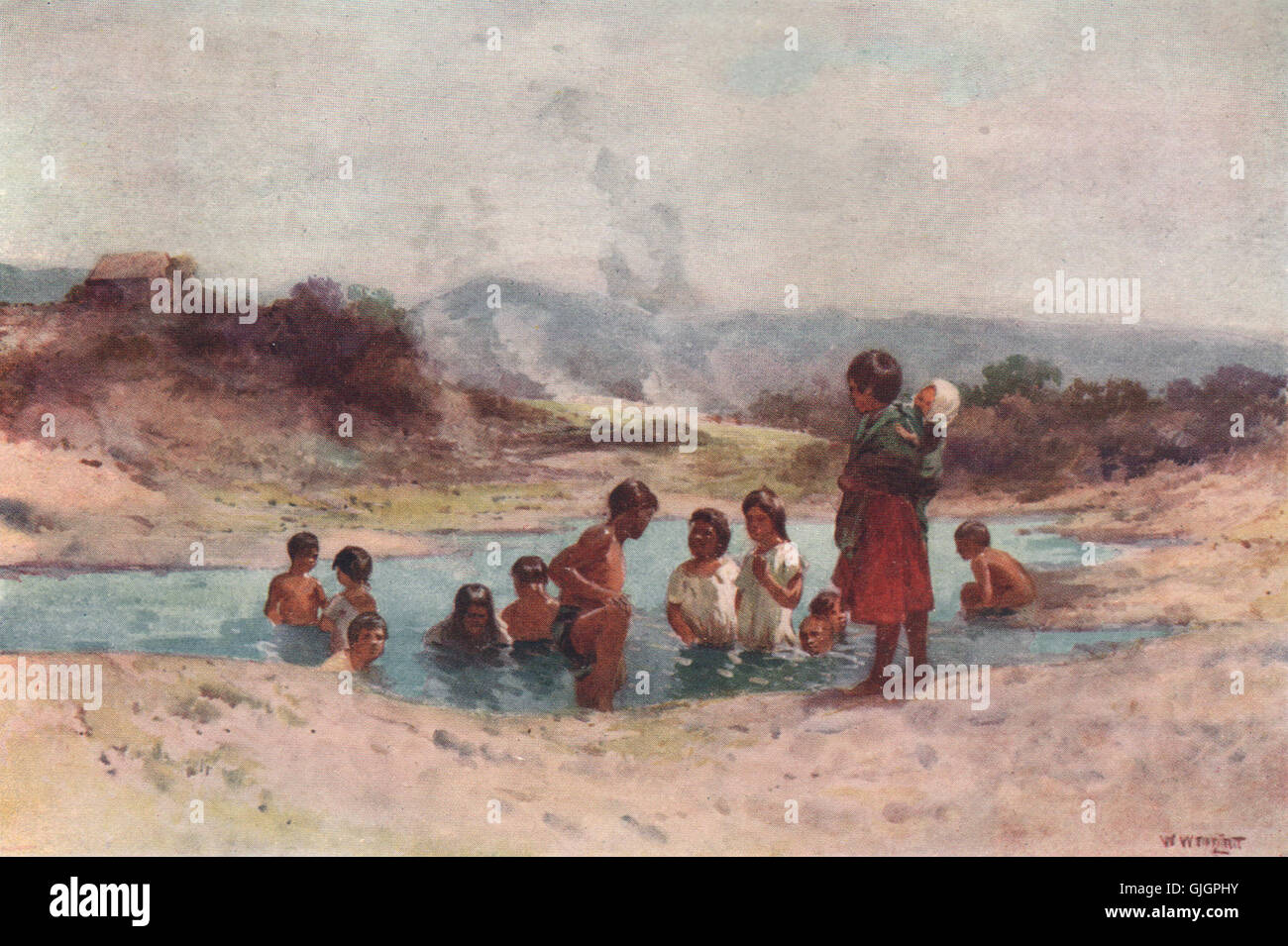 "Dans une piscine chaude' par Walter Wright. La NOUVELLE ZELANDE, antique print 1908 Banque D'Images