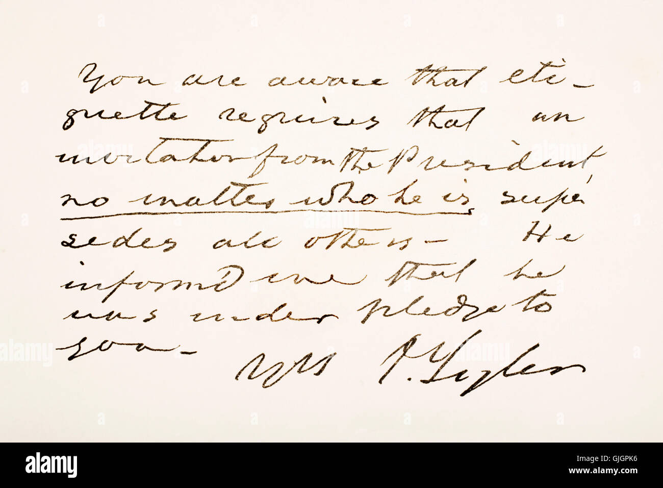 John Tyler, 1790 - 1862. 10e président des États-Unis d'Amérique. Échantillon d'écriture à la main. Banque D'Images