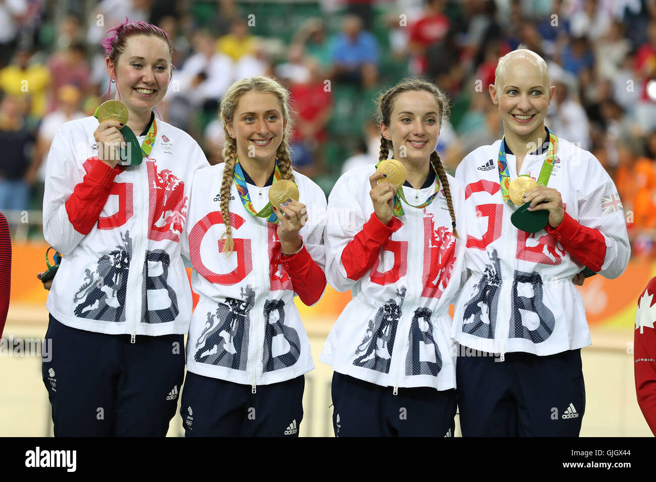 Rio de Janeiro, Brésil. 13e Août 2016. Jeux Olympiques d'été 2016. Team GBR ARCHIBALD Katie - TROTT Laura - Elinor BARKER - ROWSELL-SHAND Joanna vélo, poursuite par équipe médaille d'Action © Plus Sport/Alamy Live News Banque D'Images
