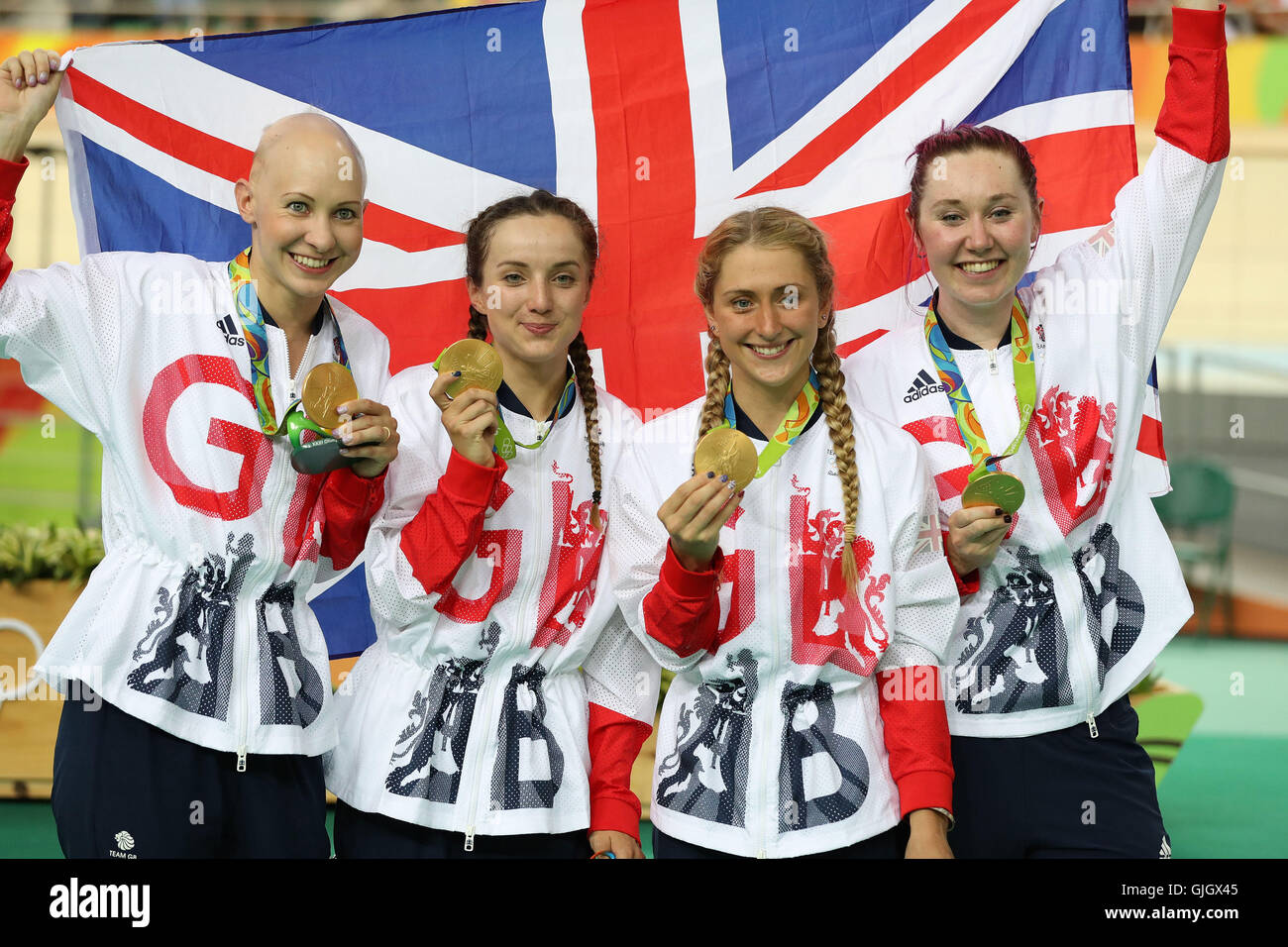 Rio de Janeiro, Brésil. 13e Août 2016. Jeux Olympiques d'été 2016. Team GBR ARCHIBALD Katie - TROTT Laura - Elinor BARKER - ROWSELL-SHAND Joanna vélo, poursuite par équipe médaille d'Action © Plus Sport/Alamy Live News Banque D'Images