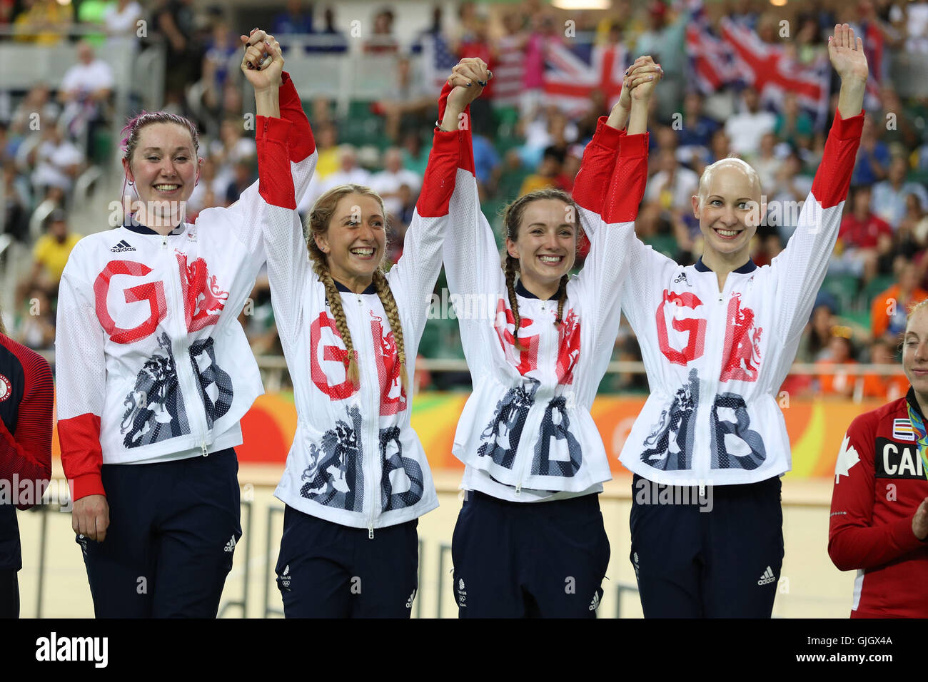 Rio de Janeiro, Brésil. 13e Août 2016. Jeux Olympiques d'été 2016. Team GBR ARCHIBALD Katie - TROTT Laura - Elinor BARKER - ROWSELL-SHAND Joanna vélo, poursuite par équipe médaille d'Action © Plus Sport/Alamy Live News Banque D'Images