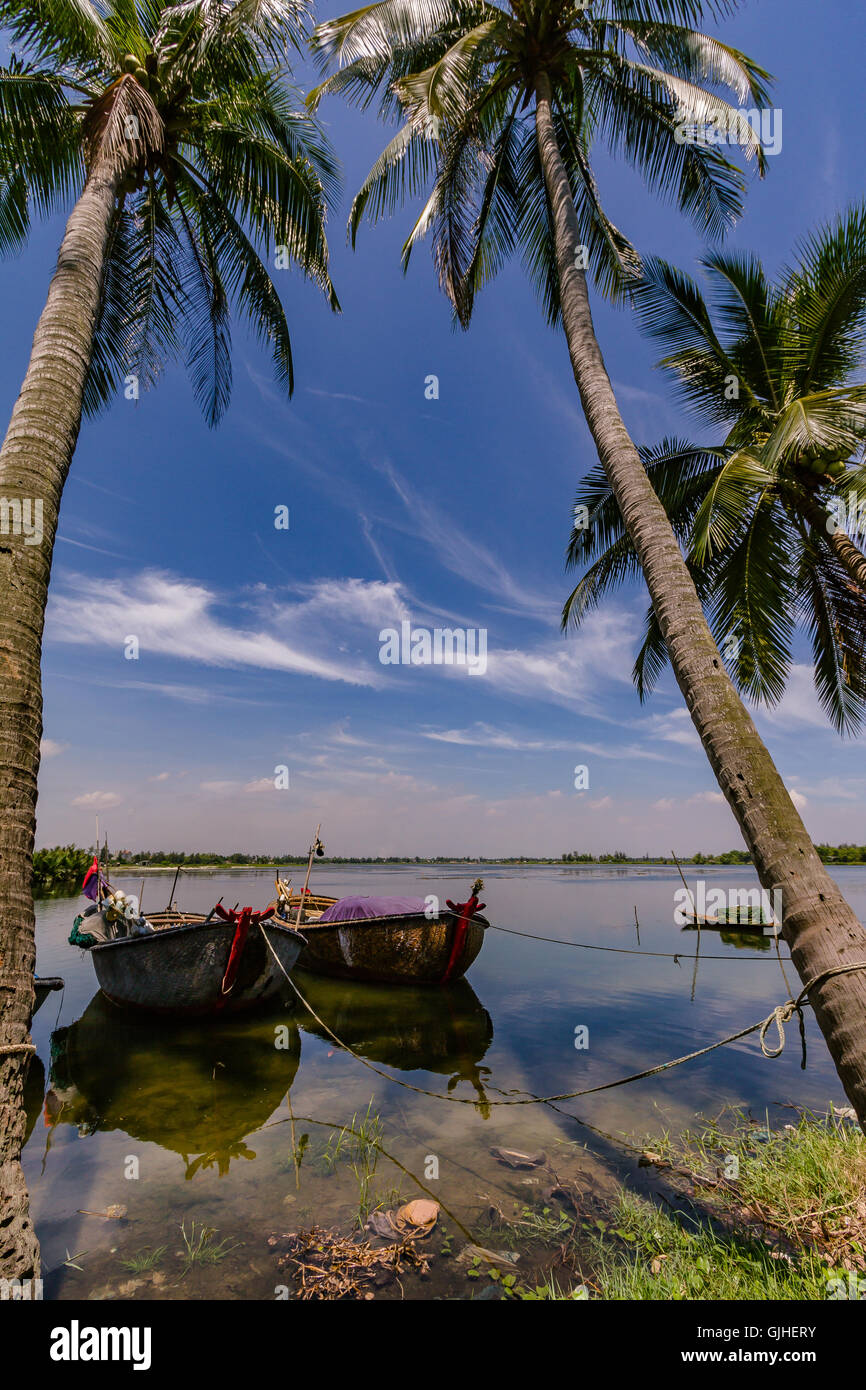 Les bateaux de pêche et de palmiers, Hoi An, Vietnam Banque D'Images