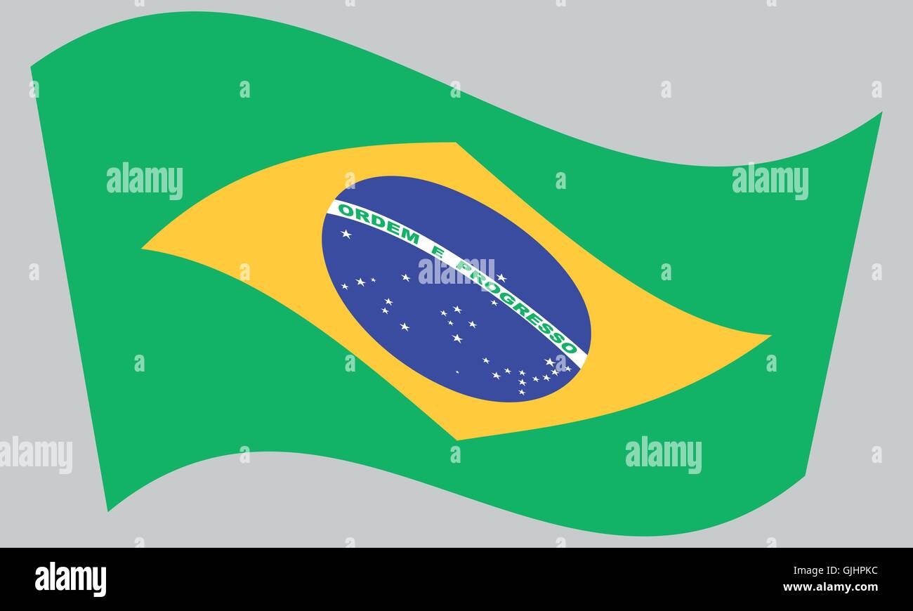 Drapeau du Brésil en agitant sur fond gris. Drapeau national brésilien. Illustration de Vecteur