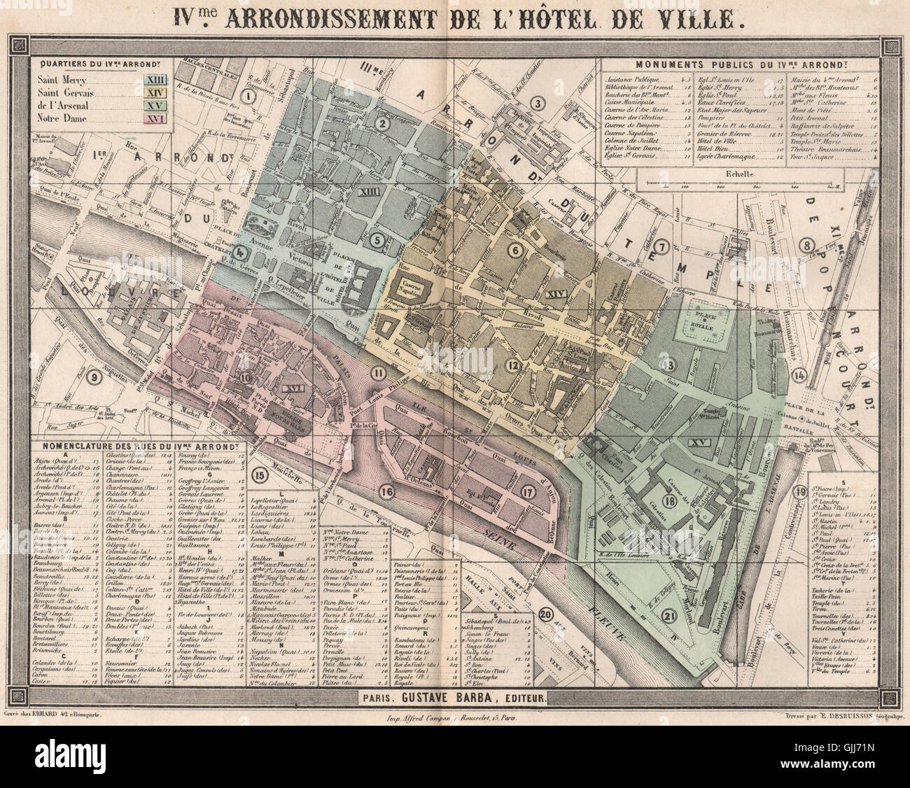PARIS 4e 4e arrondissement IVme de l'Hôtel de Ville. BARBA, 1860 carte antique Banque D'Images