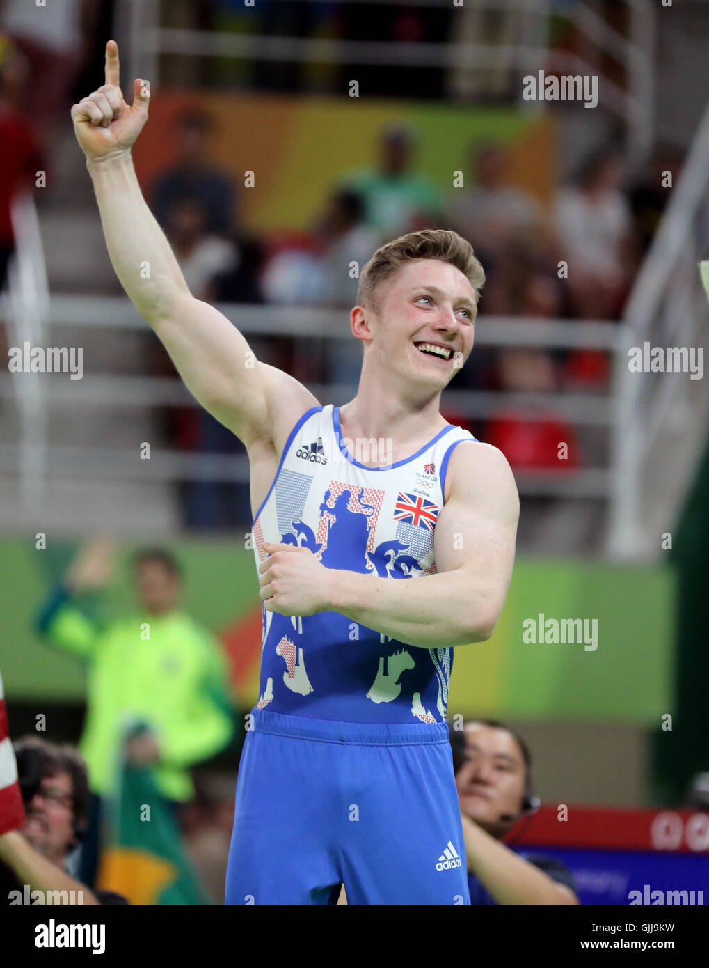 Grande-bretagne, Nile Wilson a remporté une médaille de bronze au barre horizontale dans l'Arène Olympique de Rio sur le onzième jour du temps des Jeux Olympiques de Rio, au Brésil. Banque D'Images