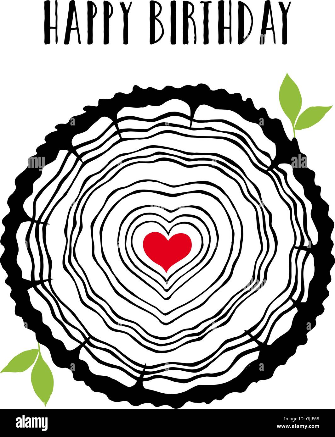 Joyeux anniversaire carte avec les anneaux de croissance des arbres, les feuilles et le cœur rouge, vector illustration Illustration de Vecteur
