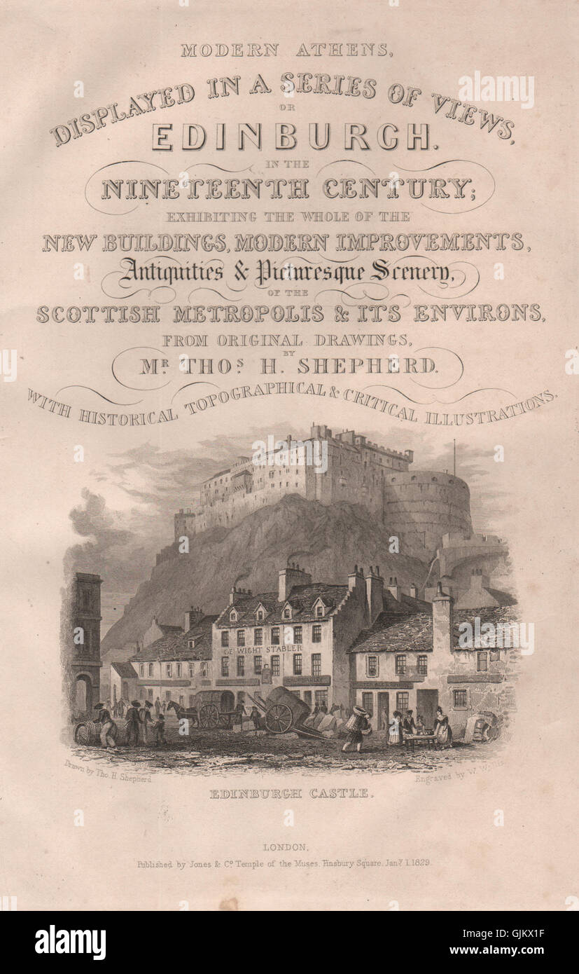 Édimbourg. Le Château d'Édimbourg. SHEPHERD, antique print 1833 Banque D'Images