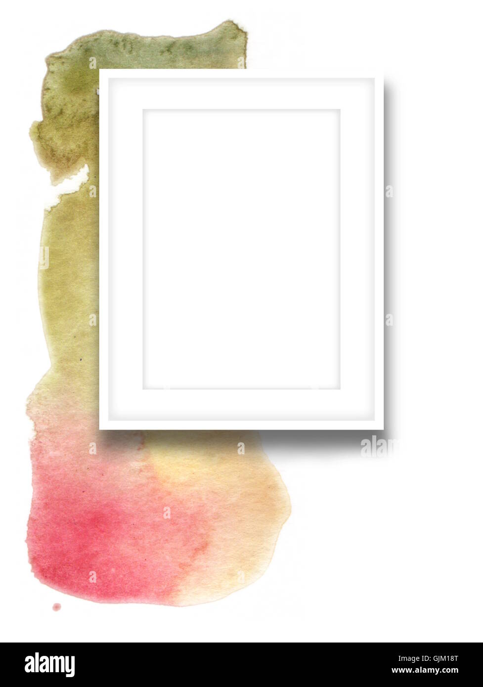 Close-up d'un cadre photo Blanc sur fond teinté aquarelle multicolore Banque D'Images