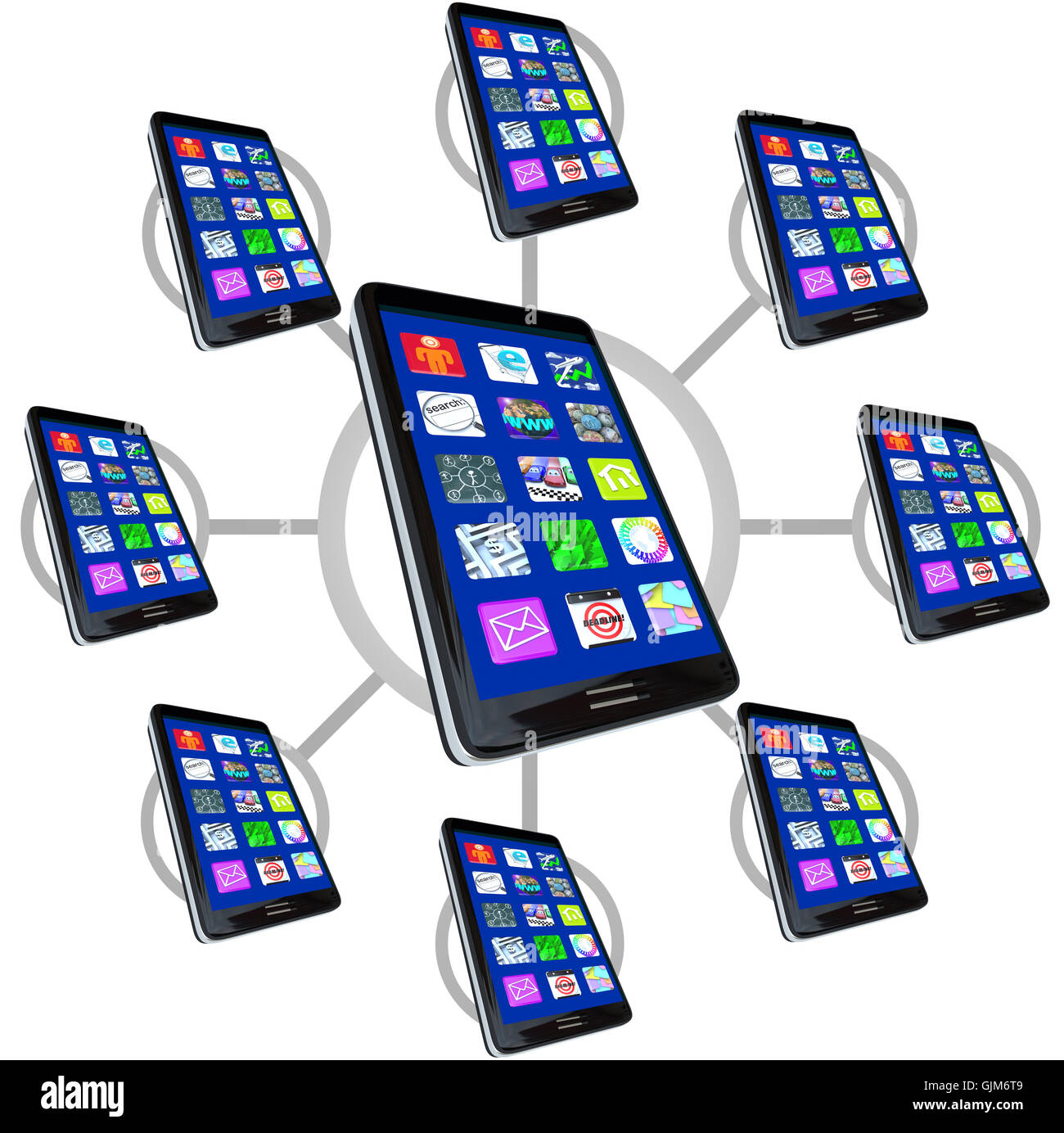 Réseau des téléphones intelligents grâce à des apps pour communiquer Banque D'Images