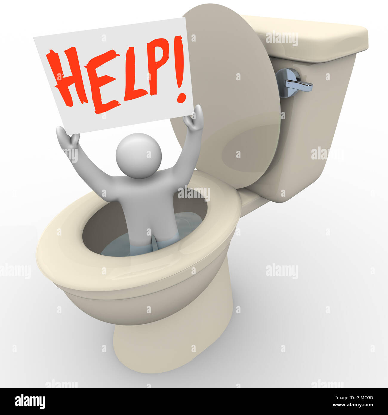 L'homme coincé dans les toilettes Holding Help Sign - SOS Urgence Banque D'Images