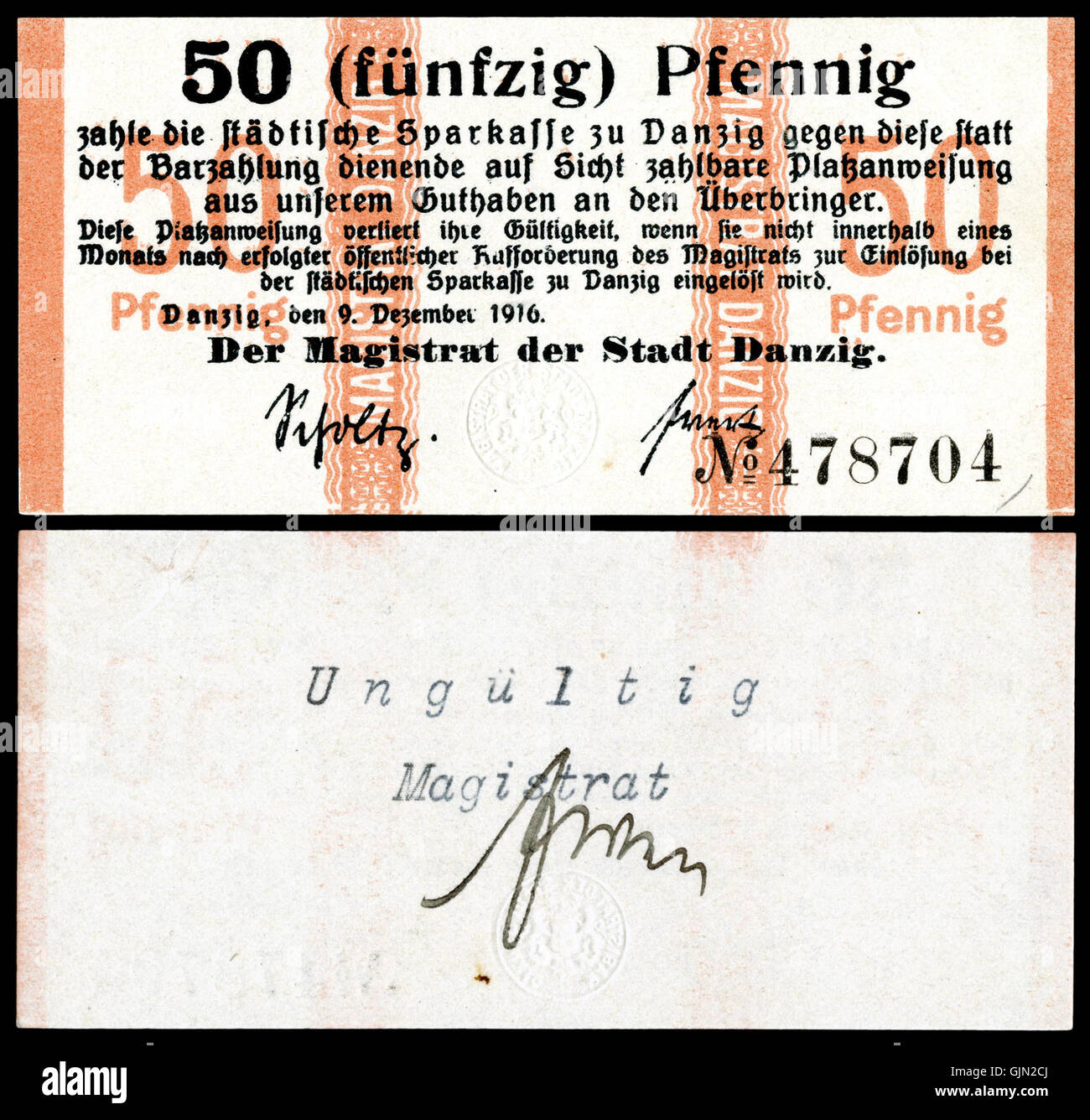 Cette pièce de 1916 50 Pfennig de Danzig, émise par le conseil municipal de Danzig, représente le rôle de la ville dans les systèmes monétaires européens du début du XXe siècle. La pièce est un élément important de l'histoire numismatique de l'époque. Banque D'Images