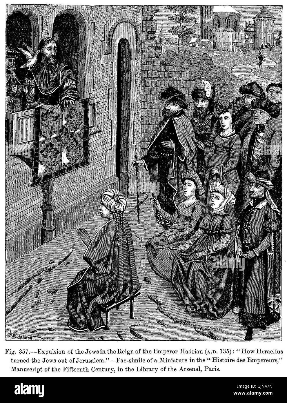 Miniature en fac-similé du manuscrit du XVe siècle « histoire des Empereurs », représentant l'expulsion des Juifs de Jérusalem sous l'empereur Hadrien en 135, avec le contexte historique fourni par le manuscrit. Banque D'Images