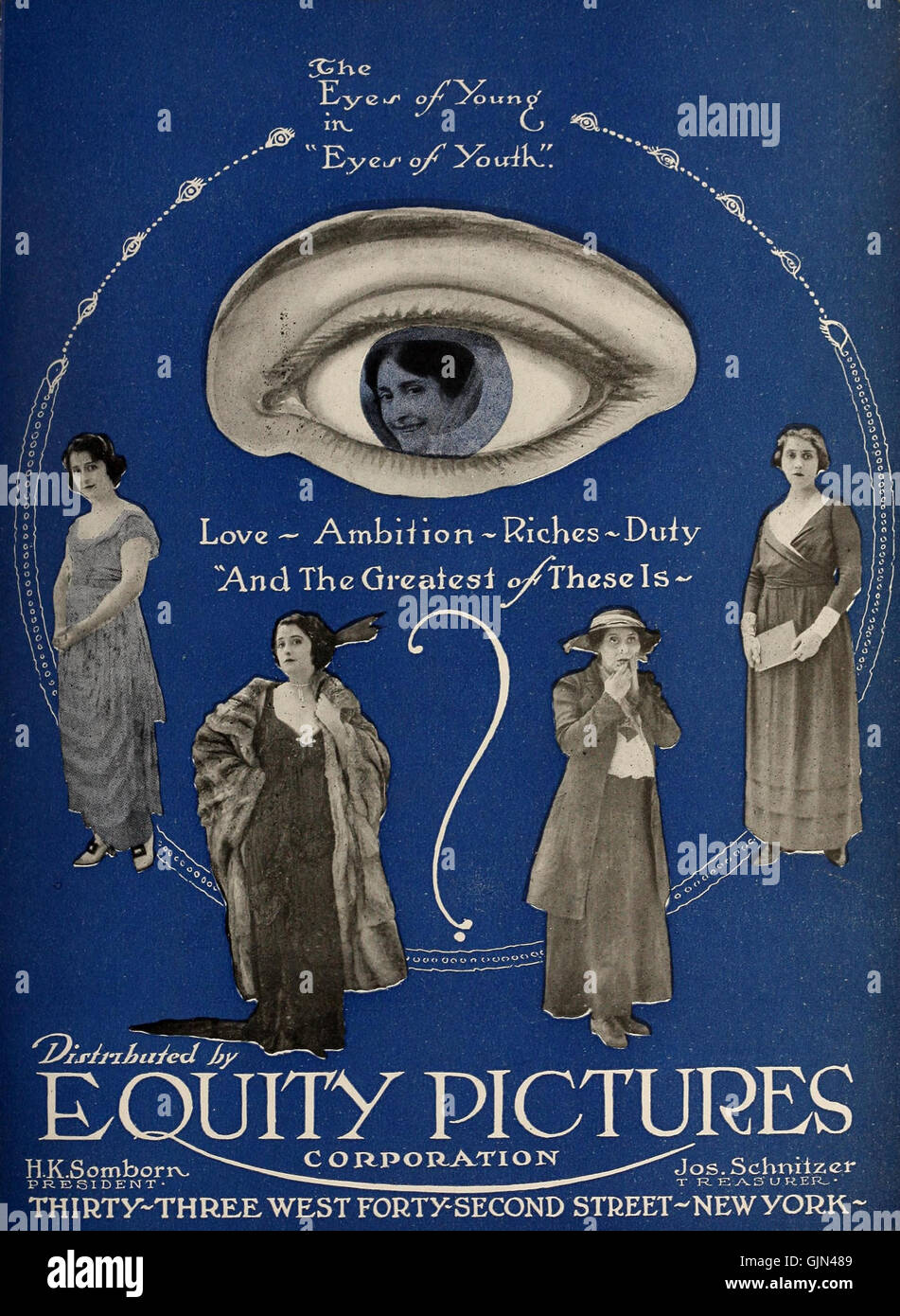 Eyes of Youth (1919) est une publicité mettant en vedette le film du même nom. Le film, réalisé par Louis J. Gasnier, était un drame romantique qui plongeait dans les complexités émotionnelles de la jeunesse et de l'amour. La publicité met en lumière les éléments clés des thèmes de filmâ€™ que sont l'idéalisme, l'innocence et la passion de la jeunesse. Banque D'Images