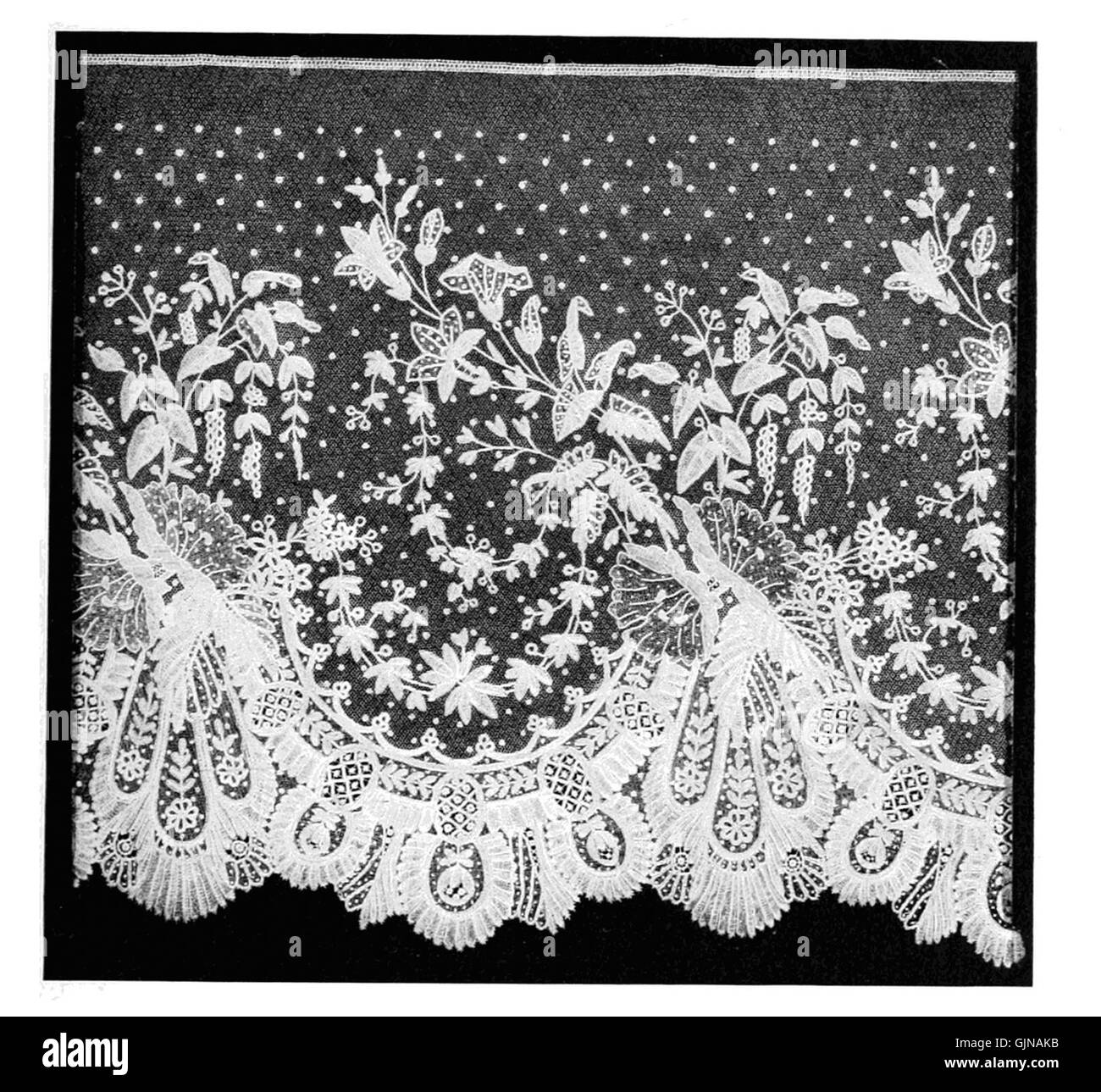 La dentelle a une histoire riche, originaire du 16ème siècle comme une forme de tissu ornemental. Real point appliqué dentelle, un artisanat fait à la main, est devenu populaire pour ses motifs complexes et ses textures délicates, représentant à la fois le luxe et l'habileté artistique. Banque D'Images