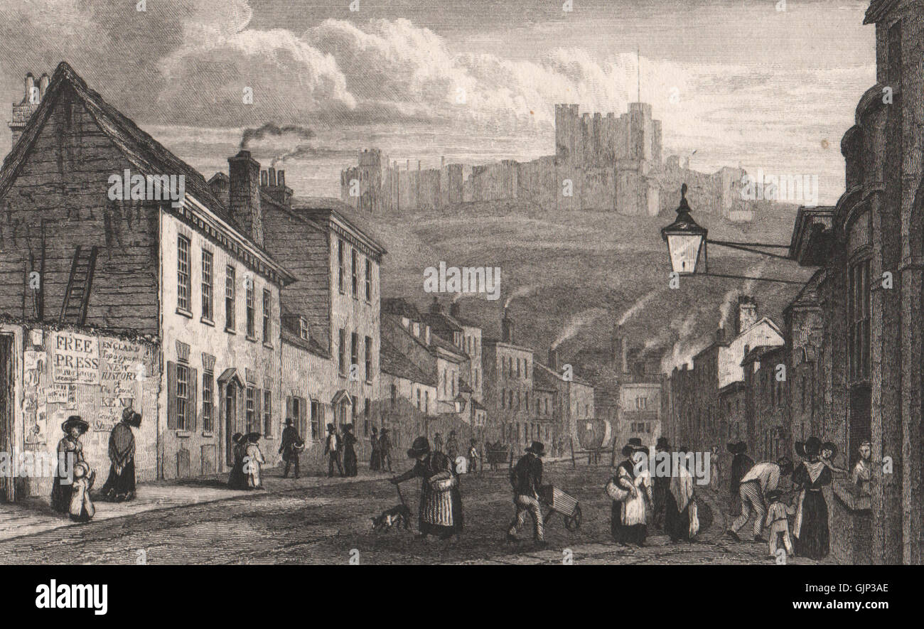 La rue Saint-jacques & Castle, Dover, Kent. SHEPHERD, antique print 1829 Banque D'Images