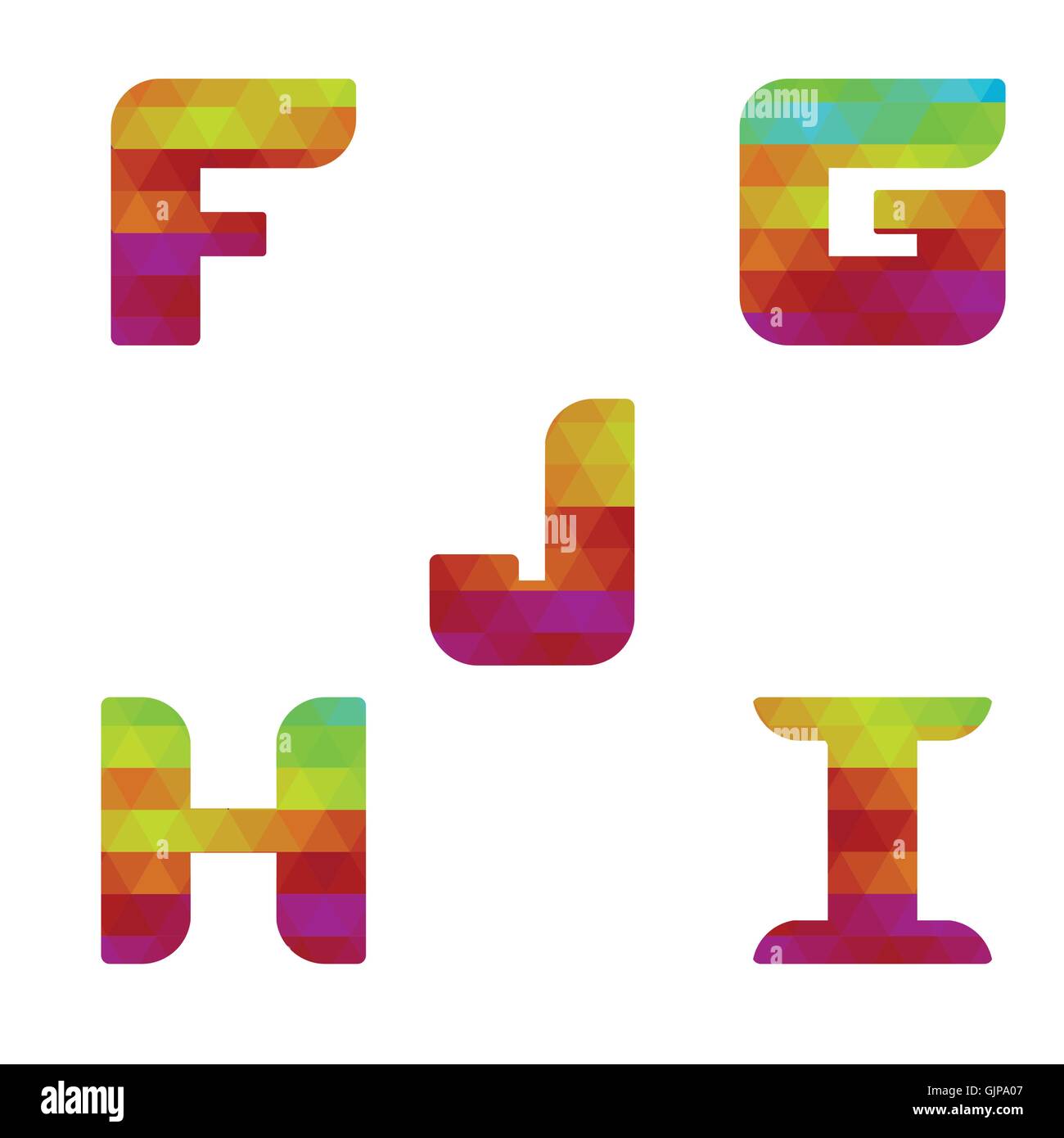 Alphabet coloré. Serie de lettres formées par des formes géométriques, triangles. Arrière-plan blanc. Isolées. Lettre f, g, h, i, j. Illustration de Vecteur