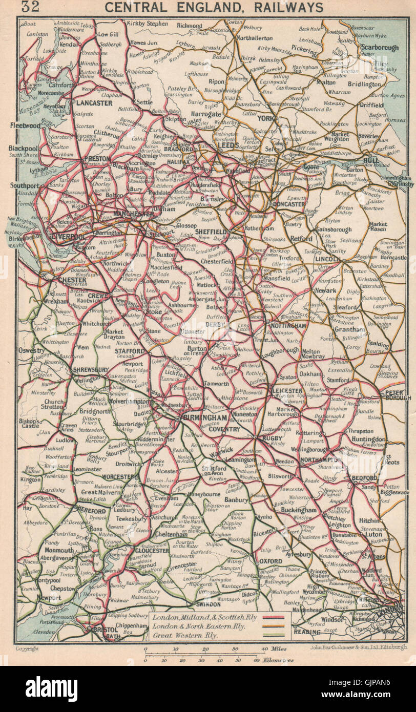 Le centre de l'Angleterre, les chemins de fer. LNER GWR, LMS 1927 carte vintage Banque D'Images