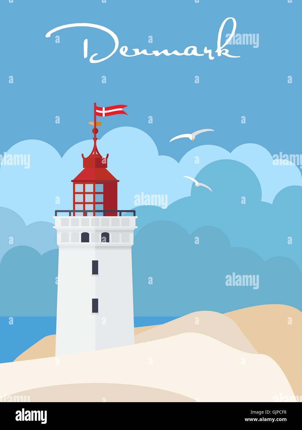 Retro design plat Vacances Danemark poster ou d'une carte de vœux avec Rubjergs Knude phare dans les dunes Illustration de Vecteur