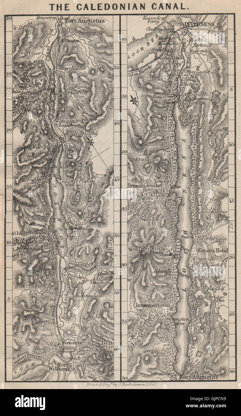 Le Canal Calédonien. Loch Lochy. Le Loch Ness. L'Écosse, 1886 carte antique Banque D'Images